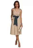 Women's Sleeveless V-Neck Solid Organza Fit and Flare Dress