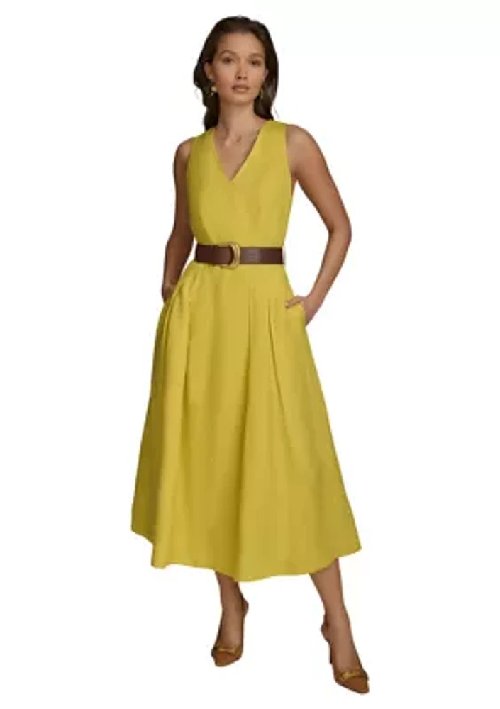 Women's Sleeveless V-Neck Belted Solid Fit and Flare Midi Dress