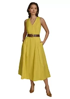 Women's Sleeveless V-Neck Belted Solid Fit and Flare Midi Dress