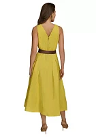 Women's Sleeveless V-Neck Belted Solid Fit and Flare Midi Dress