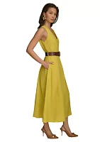 Women's Sleeveless V-Neck Belted Solid Fit and Flare Midi Dress