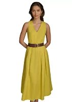 Women's Sleeveless V-Neck Belted Solid Fit and Flare Midi Dress