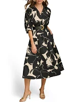 Women's Elbow Sleeve Printed Collar Neck Fit and Flare Midi Dress