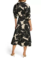 Women's Elbow Sleeve Printed Collar Neck Fit and Flare Midi Dress