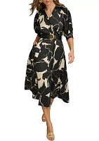 Women's Elbow Sleeve Printed Collar Neck Fit and Flare Midi Dress