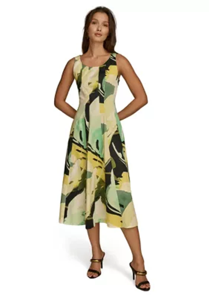 Women's Sleeveless Scoop Neck Geometric Print Midi A-Line Dress