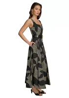 Women's Sleeveless Square Neck Geo Print Midi Fit and Flare Dress