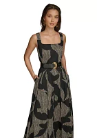 Women's Sleeveless Square Neck Geo Print Midi Fit and Flare Dress