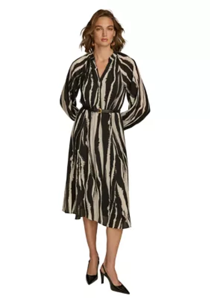 Women's Long Sleeve Stripe Print Belted Fit and Flare Dress