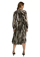 Women's Long Sleeve Stripe Print Belted Fit and Flare Dress