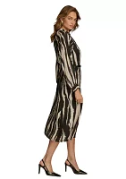 Women's Long Sleeve Stripe Print Belted Fit and Flare Dress