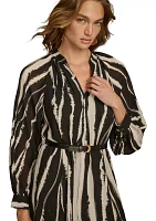 Women's Long Sleeve Stripe Print Belted Fit and Flare Dress