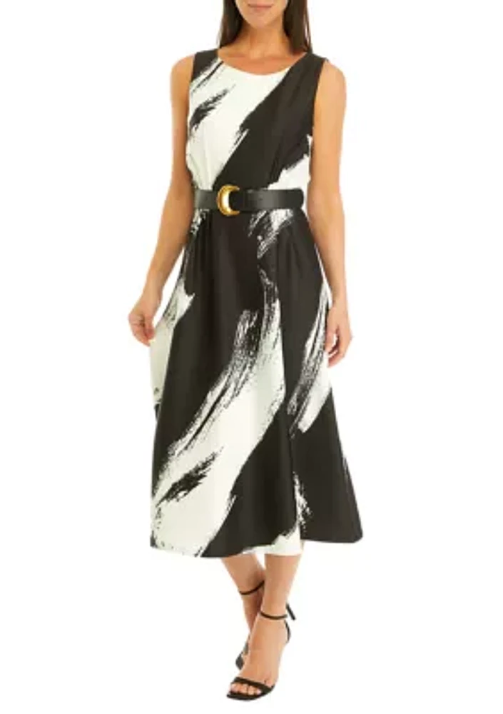 Women's Sleeveless Printed Belt Waist Fit and Flare Midi Dress