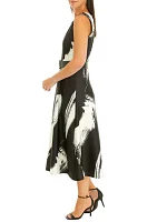 Women's Sleeveless Printed Belt Waist Fit and Flare Midi Dress