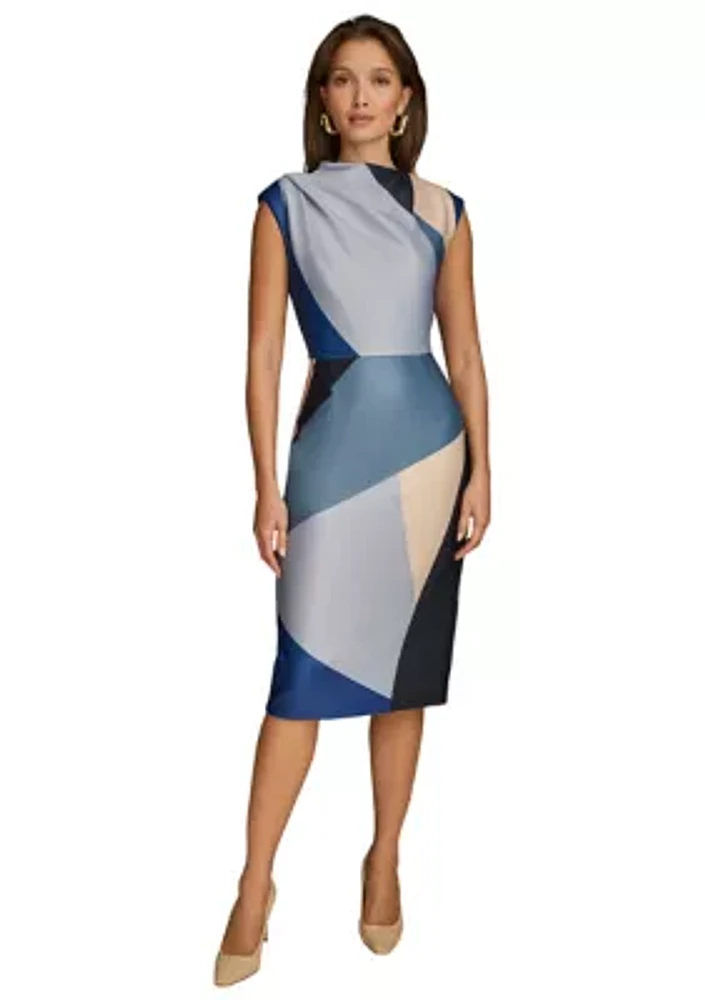 Women's Sleeveless Asymmetrical Neck Geometric Print Midi Sheath Dress