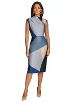 Women's Sleeveless Asymmetrical Neck Geometric Print Midi Sheath Dress