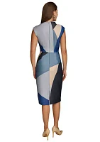 Women's Sleeveless Asymmetrical Neck Geometric Print Midi Sheath Dress