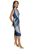 Women's Sleeveless Asymmetrical Neck Geometric Print Midi Sheath Dress