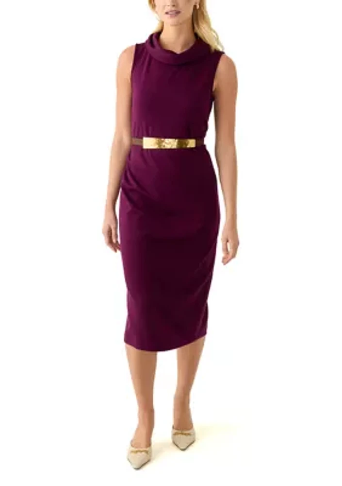 Women's Sleeveless Cowl Neck Solid Belted Midi Dress