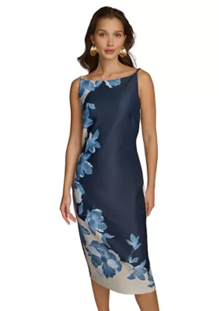 Women's Sleeveless Boat Neck Floral Print Midi Sheath Dress