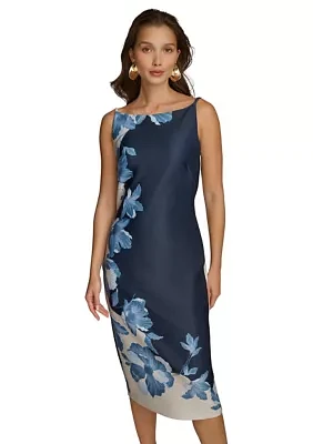 Women's Sleeveless Boat Neck Floral Print Midi Sheath Dress