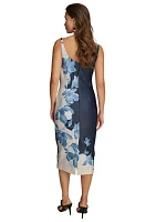 Women's Sleeveless Boat Neck Floral Print Midi Sheath Dress