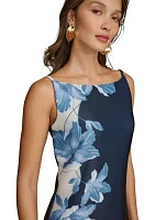 Women's Sleeveless Boat Neck Floral Print Midi Sheath Dress