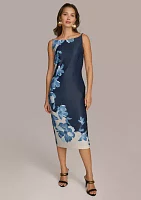 Women's Sleeveless Boat Neck Floral Print Midi Sheath Dress