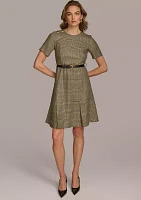 Women's Solid Belted Fit and Flare Dress