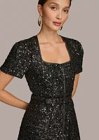 Women's Puff Sleeve Sequin Sheath Dress