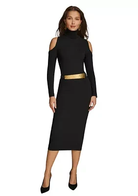 Women's Long Sleeve Cold Shoulder Belted Midi Dress