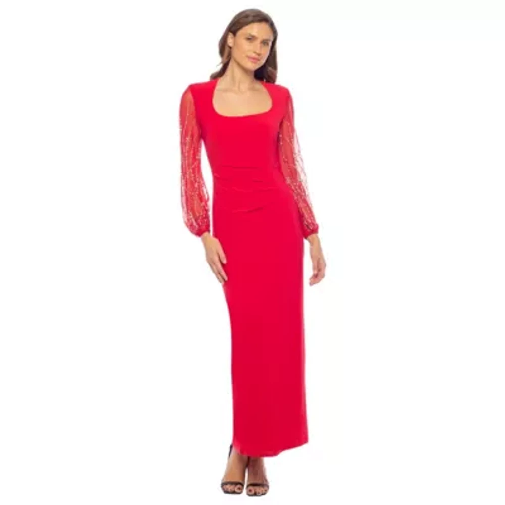 Ity Long Scoop Neck Dress with Power Mesh Beaded Sleeves