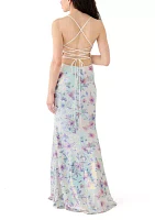 Women's Sleeveless V-Neck Floral Print Sequin Gown