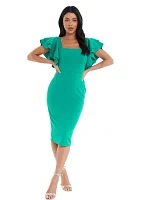 Women's Scuba Square Neck Frill Midi Dress