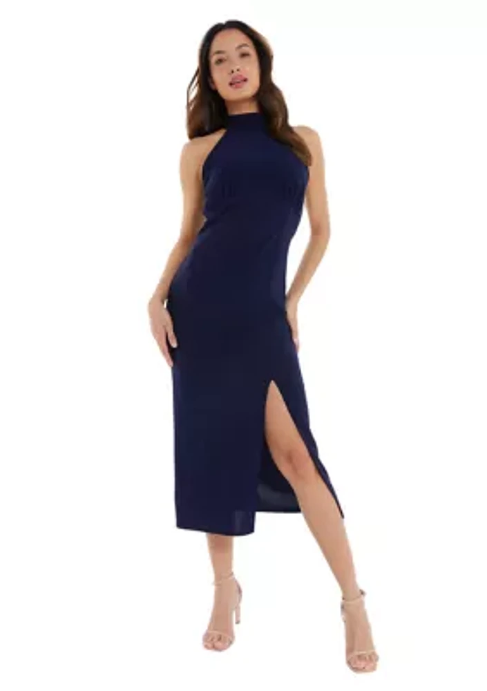 Women's Navy Silky High Neck RUched Bust Midi Dress