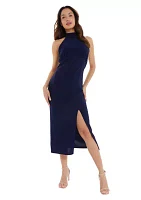 Women's Navy Silky High Neck RUched Bust Midi Dress