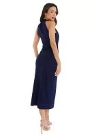 Women's Navy Silky High Neck RUched Bust Midi Dress