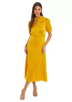 Women's Mustard Satin High Neck Midi Dress