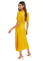 Women's Mustard Satin High Neck Midi Dress