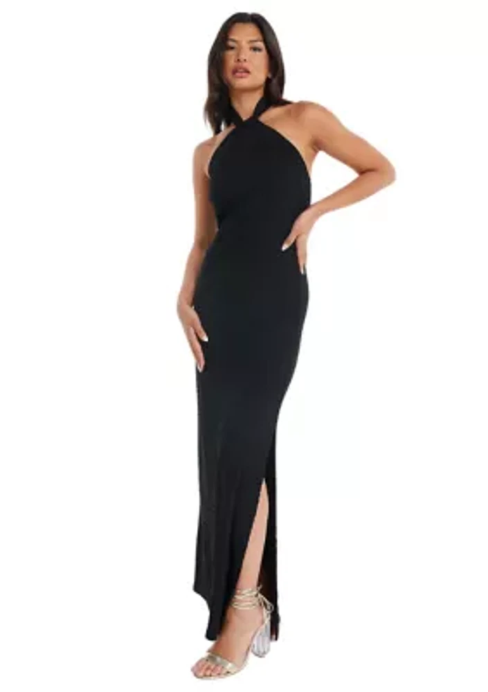 Women's Black Halter Textured Maxi Dress