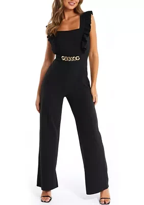 Scuba Crepe Chain Front Frill Jumpsuit