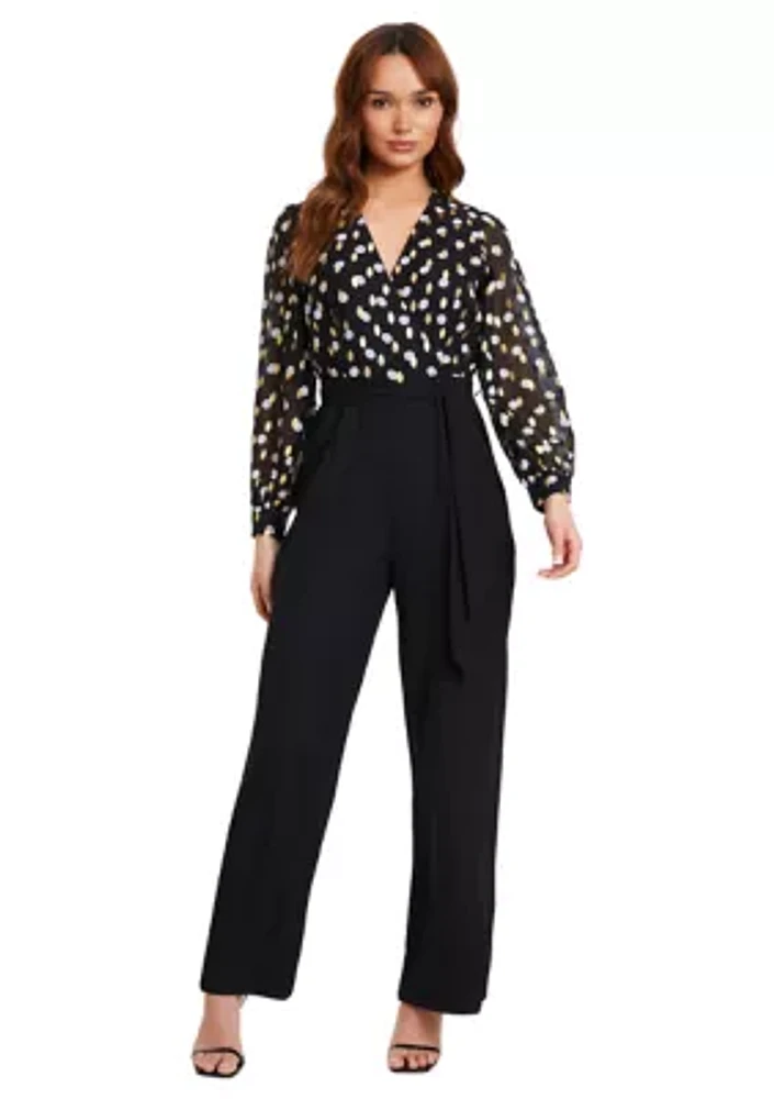 Women's Black, Gold, and White Polka Dot Chiffon Wrap Jumpsuit