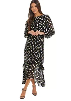 Women's Black Chiffon Gold Spot Long Sleeve Midi Dress