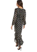 Women's Black Chiffon Gold Spot Long Sleeve Midi Dress