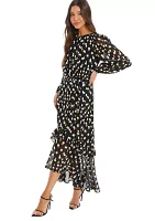 Women's Black Chiffon Gold Spot Long Sleeve Midi Dress