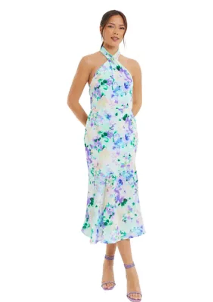 Women's Floral Crepe Halter Neck Midi Dress