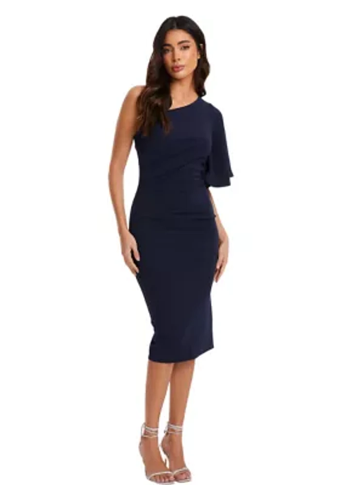 Women's Scuba Crepe One Shoulder Ruched Midi Dress