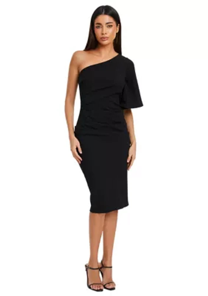 Women's One Shoulder Solid Midi Sheath Dress