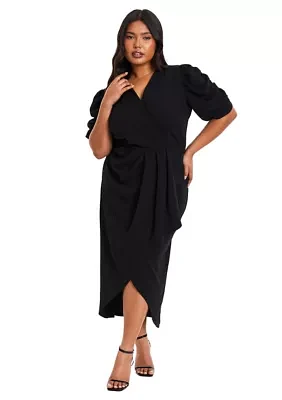 Plus Black Liverpool Wrap Pleated Ruched Sleeve Midi Dress