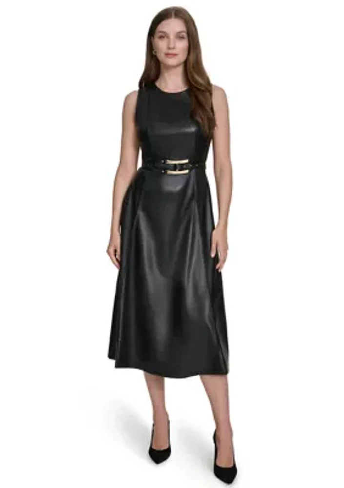 Women's Vegan Leather Belted Fit and Flare Dress